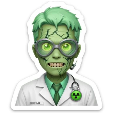 radioactive zombie scientist portrait, head and shoulders only, glowing toxic veins, cracked goggles, lab coat with radiation badge, sinister smile, 3D cartoon, mobile game icon style, clean background, no text, no watermark
 sticker