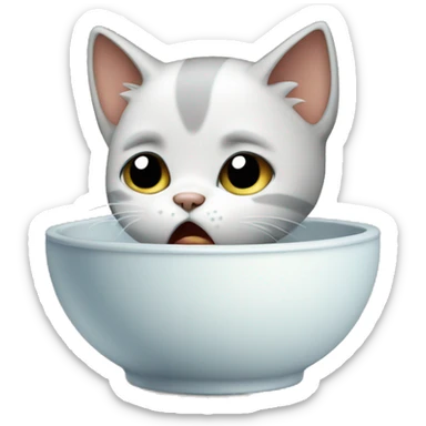 Sad crying kitten with empty bowl sticker