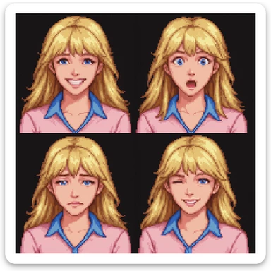 Create four different facial expressions: happy, surprised, sad, and winking. Keep the character with blonde hair with bangs, wearing a pink blouse, and having blue eyes. The style should resemble pixel art style as closely as possible. sticker