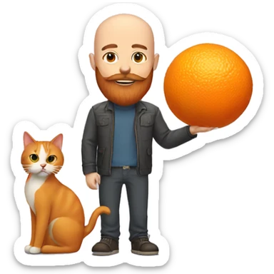 Bald man with a big orange beard holding a cat sticker