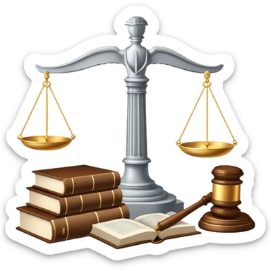 An icon featuring scales of justice, a gavel, and a legal book, symbolizing the study of law. The design includes courthouse pillars in the background, representing authority and legal systems. Transparent background highlights the principles of justice, order, and legal education. sticker