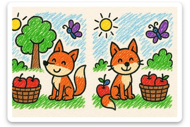 playful crayon-style cartoon scene for a children's 'find the differences' game, featuring a happy fox sitting next to a basket of apples in a bright forest clearing, with a butterfly flying nearby, a tree, and bushes in the background, colorful, bold, cheerful, resembling a child's crayon drawing sticker