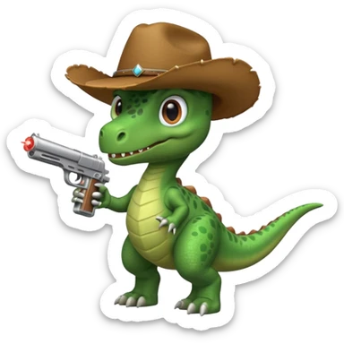 dinosaur with cowboy hat and a laser gun in hand sticker