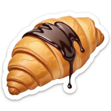 There's a croissant with chocolate syrup on a purple napkin sticker