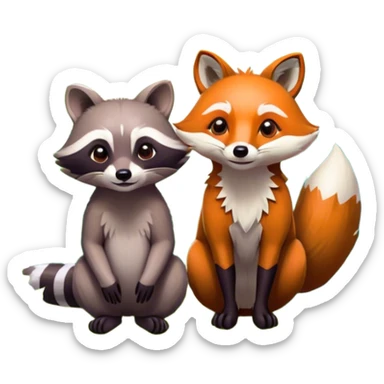 Collage of a raccoon and a fox, in close-up, surrounded by a colorful forest with rich green trees, thick bushes, and vibrant foliage. Sunlight peeks through the branches, casting warm light on the animals. A lively, natural setting with a transparent background. sticker