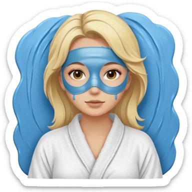 Blonde women wearing a white spa robe with a blue mud mask on sticker