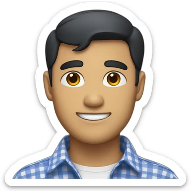 Tan man with short black hair and a gingham white/marine buttoned collar shirt sticker