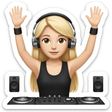 I want a white female dj animated gif emoji with long straight centre parting blonde hair, brown eye brows and putting hands up in the air. Wearing a black tight top with no sleeve. Also wearing DJ headphones  sticker
