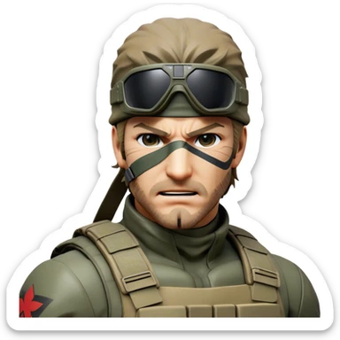 Cinematic Realistic Metal Gear Solid Snake Soldier Portrait, head tilted dramatically with an exaggeratedly amused expression, blending stealthy seriousness with a touch of unexpected humor. His rugged features, set against intricately detailed tactical gear in muted earth tones, are rendered with lifelike texture and dynamic lighting, high shine, dramatic yet whimsical, capturing the essence of a soldier whose epic covert skills are matched by a playful, irreverent spark. sticker