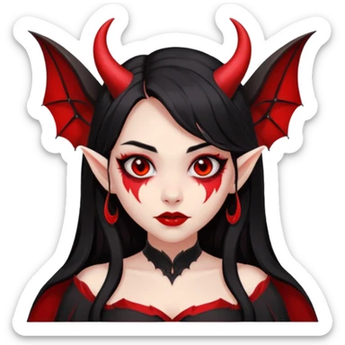 demon girl, skin red , black long hair, small horns, bat wing, black open-back dress, bold black outlines, red+black palette sticker