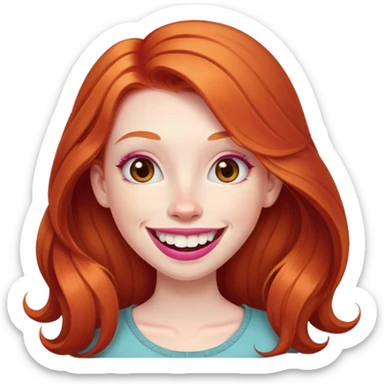 Young girl with pale skin, longer face, full pink lips smiling with big teeth, very long ginger red hair (no blonde at all), big brown eyes, bigger nose, big mouth sticker