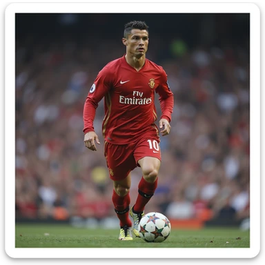 Cristiano Ronaldo, photorealistic football star, in action, detailed facial features, iconic hairstyle, athletic pose, stadium background sticker