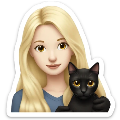 pretty woman with pale skin, very long blonde hair  hugging a black cat sticker