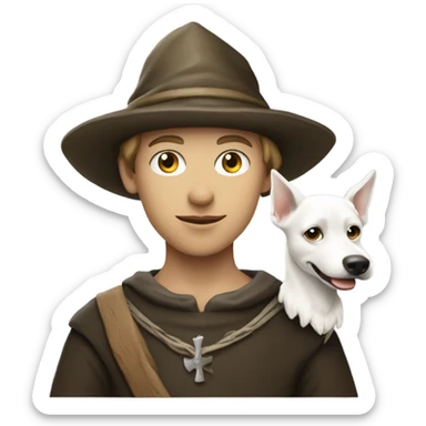 young medieval pilgrim with hat and white little dog sticker