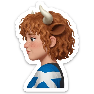 curly girl with freckles with messy light brown bangs covering the eyes with bull horns and bull ears with scottish flag on his shoulders side view sticker