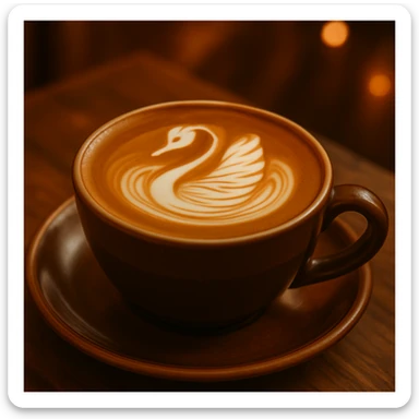 Add a swan foam art style to the coffee latte, keep the warm and inviting atmosphere. Maintain the cozy and warm look of the original image. sticker