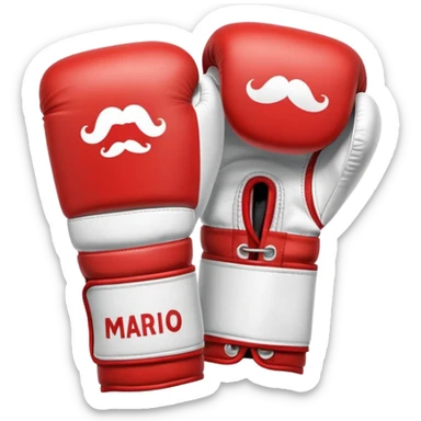 Red and white boxing gloves with Mario M logo and mustache design sticker