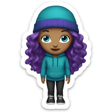 White girl, blue eyes, long teal hair, purple beanie hat, black hoodie, blue jeans, black shoes sticker
