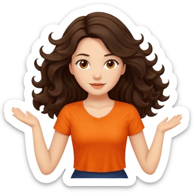 Long dark wavy hair women in orange top twirling around sticker