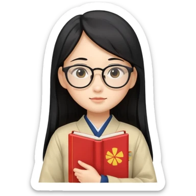 A student, asian girl, long black hair, wearing glasses, japanese uniform, hold book in front of their chest sticker