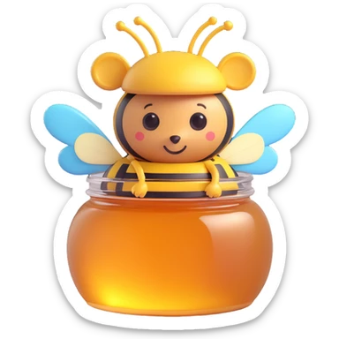 3D emoji style honey jar, with a bee sitting on the lid, cute and playful sticker
