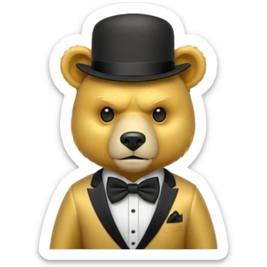 Oso dorado con sombrero elegante y moño negro enojado animatronico sticker