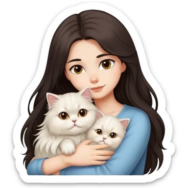 pretty girl with DARK long hair hugging her light hair fluffy persian cat  sticker