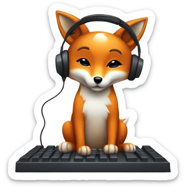 Detailled Baby kawaii fox with headphones on ears and keyboard computer sticker