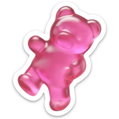 a hyper-realistic 3D rendering of a translucent, glistening pink gummy bear mid-bounce, its plump body captured in dynamic motion as if frozen in time. The candy's surface refracts light like real gelatin, with sticky highlights gleaming along its curved edges and subtle sugar granules  sticker