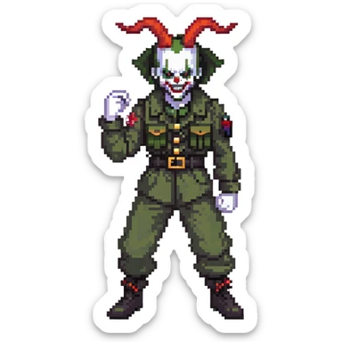evil clown soldier, bald, small black satan horns on forehead, fangs, pointed ears, eye patch over one eye, black and military green clothes with bellbottom pants, realistically proportioned, less bulky, full body, fighting stance sticker