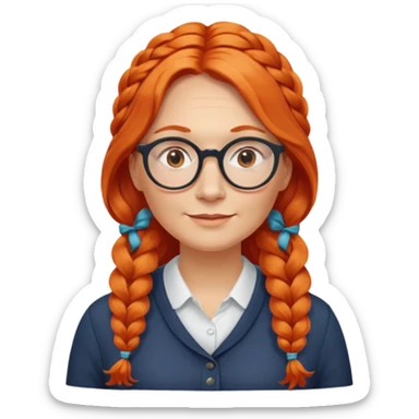 Norwegian woman, middle-aged, long wavy orange-red hair in a single plait on one side, big round glasses sticker