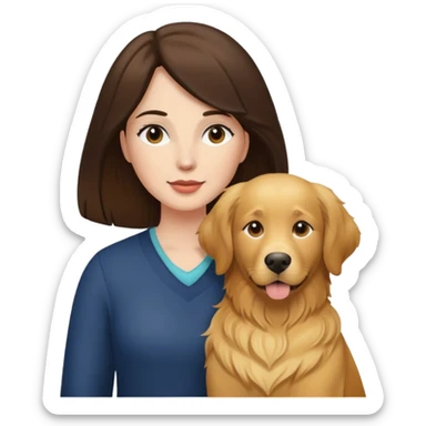 White woman with dark brown hair and a golden retriever sticker