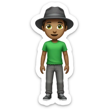 White boy with dark brown hair with a hat on with his hair hanging out with green eyes and grey shirt and dark grey pants  sticker