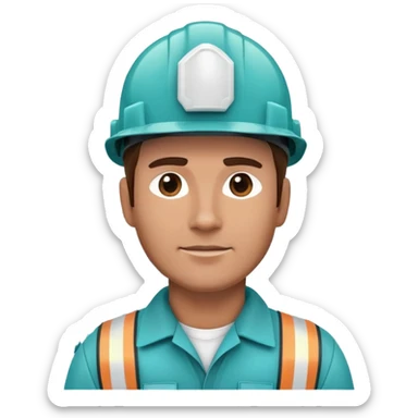 Male oil rig worker in uniform and safety helmet, cool tones with sky blue, teal green, white, and light gray sticker