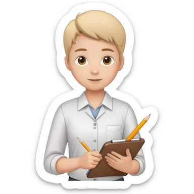 intern or volunteer holding a clipboard and pencil, ready to take notes or assist. The character wears a simple shirt and has an eager posture sticker