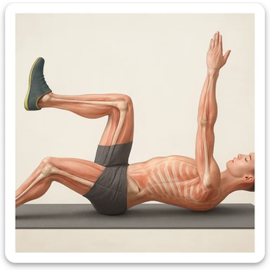 Anatomically hyperrealistic 4K side view of a man in dead bug position with the arm on the ground fully extended above the head, straight, showing pelvis and spine bones, translucent muscles and skin, medical atmosphere, realistic anatomical details. Variant 6, slightly change the position of the hands. sticker