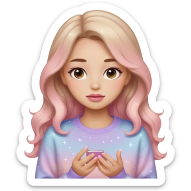 “Emoji girl, soft eyeliner, gradient rose lips, light brown shimmer eyeshadow, sparkly aegyo-sal, long wavy hair, cozy pastel sweater.” sticker