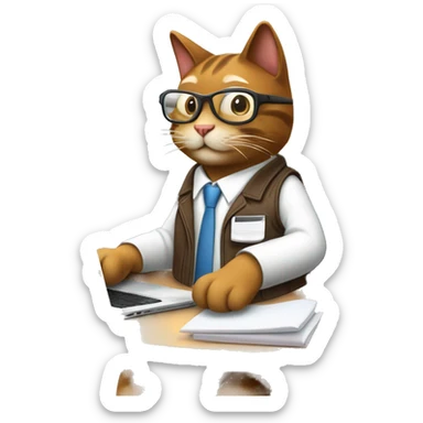 Create an emoji of a happy brown cat with computer glasses, typing on a computer and taking notes. The cat is sitting on an ergonomic chair, with a coffee mug, a potted plant, and wearing a jacket because the office AC is cold. sticker