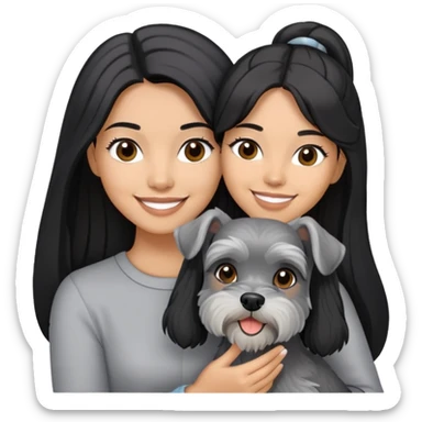 A smilling woman with long black hair holding a light gray Schnauzer sticker