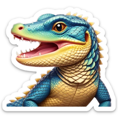Cinematic Cute Yawning Monitor Lizard Portrait Emoji, Head tilted slightly with a dramatic, wide-open yawn, showcasing textured, patterned scales and sleepy, half-closed eyes exuding relaxed charm, Simplified yet irresistibly adorable features, highly detailed, glowing with a soft, cozy glow, high shine, relaxed yet expressive, stylized with a dash of whimsical wildness, soft glowing outline, capturing the essence of a drowsy yet affectionate reptile that appears ready to stretch out for a nap! sticker