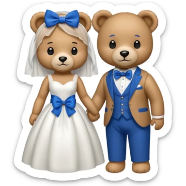 Teddy bear wearing white wedding dress holding the hand to another teddy bear wearing a big royal blue bow tie sticker