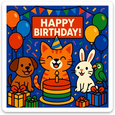 birthday party scene with a rainbow color theme including rainbow balloons, multicolored decorations, confetti, a large rainbow birthday cake, gifts, and a festive atmosphere; main character is a ginger tabby kitten wearing a birthday hat, surrounded by a puppy, bunny, and parrot also celebrating; include a prominent 'Happy Birthday!' message sticker