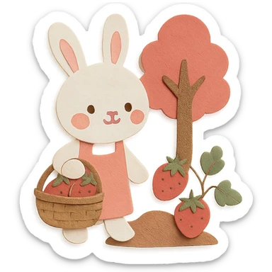 a bunny picking strawberries in the woods, sweet pastel red colors, paper craft style sticker