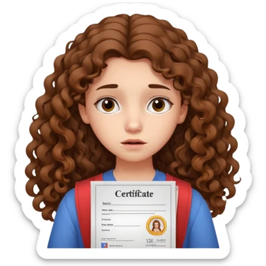A girl with long curly brown hair shows an IELTS certificate with low score dissapointed sticker