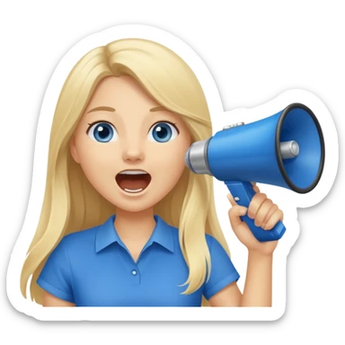  blue eyes blonde girl yelling into megaphone smiling long hair sticker