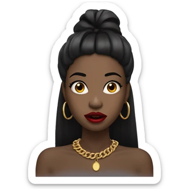 Shocked Black girl with long black straight hair and red lipstick with gold hoop earrings and and a gold necklace  sticker
