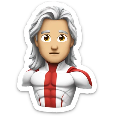 a male canadian superhero wearing red and white clothes including a mapple leaf width long dark grey hair in a ponytail sticker