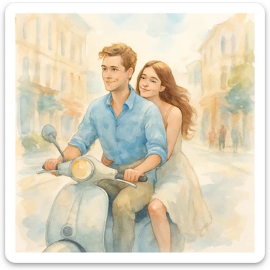 watercolour style, couple on a scooter, city street background, light and airy feel sticker