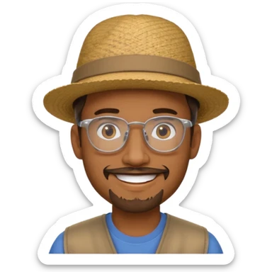 Brown man smiling no teeth showing with hat, clear glasses and goatee sticker