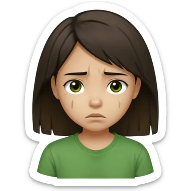 Young girl with straight, dark, damaged, and unkempt hair, wearing a green T-shirt, with a sad and discouraged expression. sticker